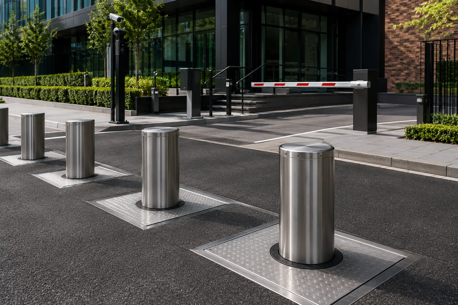Automatic rising bollards at a vehicle entrance