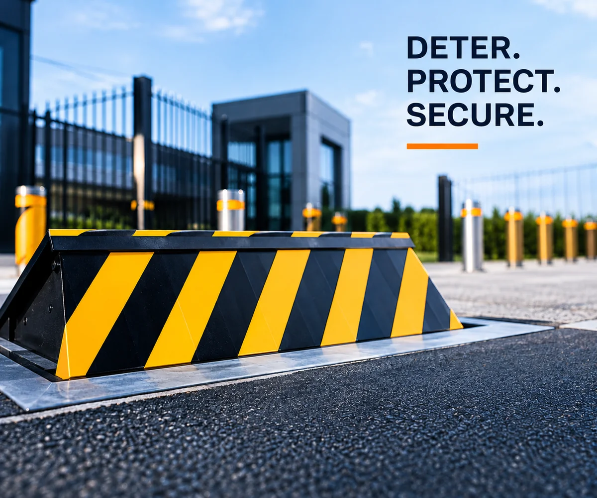 Deter. Protect. Secure. A raised road blocker with security bollards and perimeter fencing.