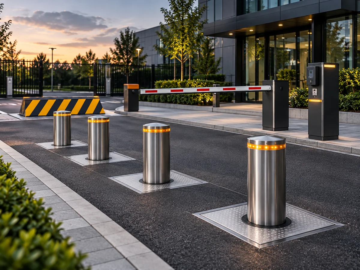 Installed bollards, road blocker and barrier at a secure commercial entrance