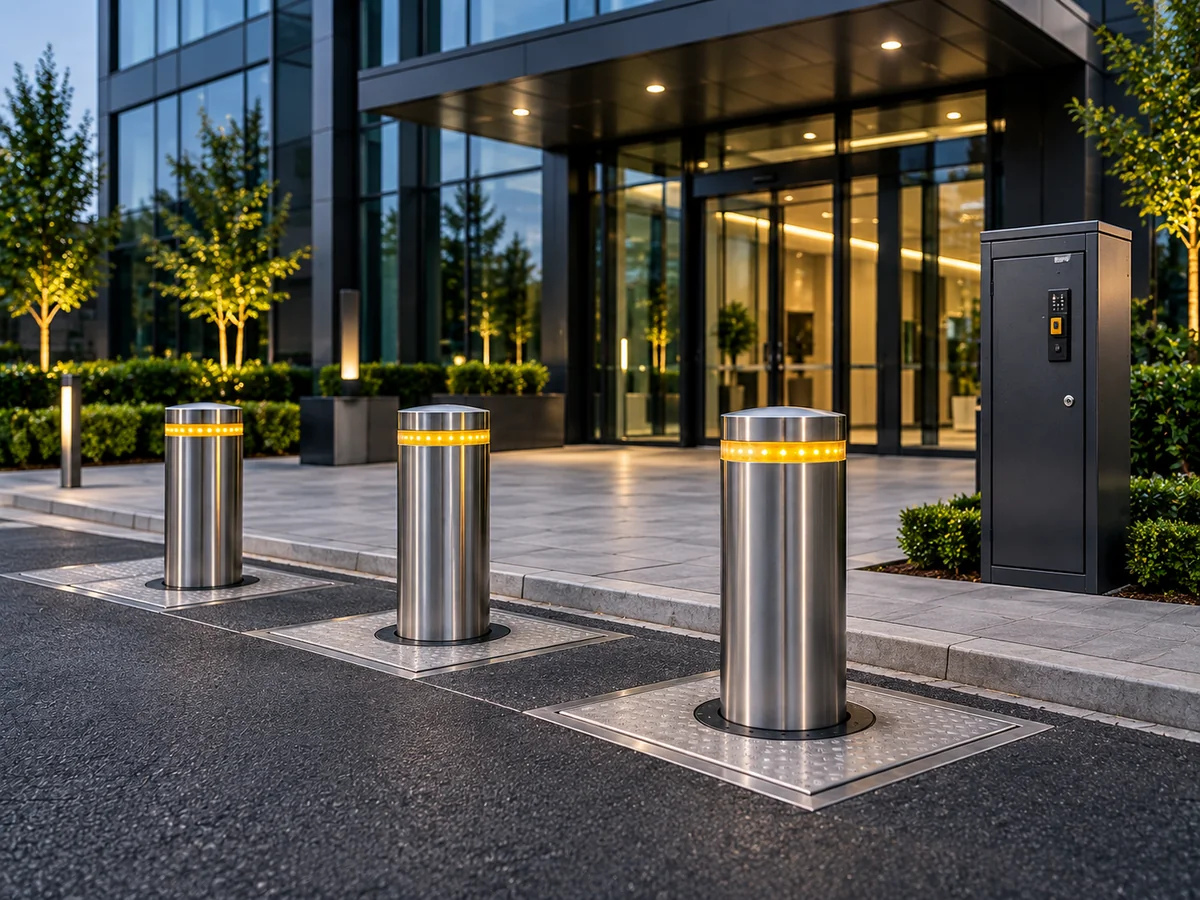 Automatic rising bollards at a secure office entrance